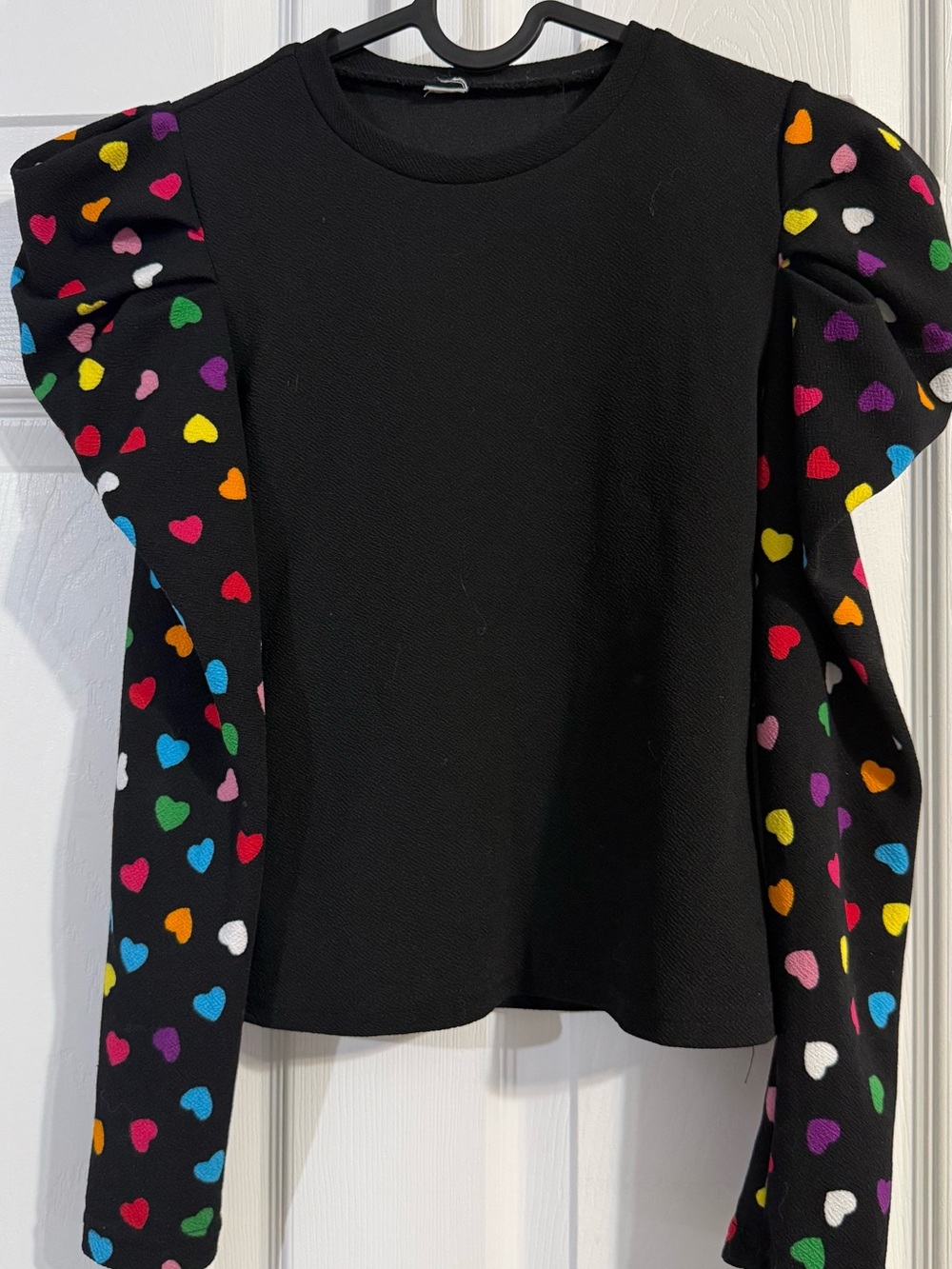Girls' Black Top with Multi-Color Heart Puff Sleeves